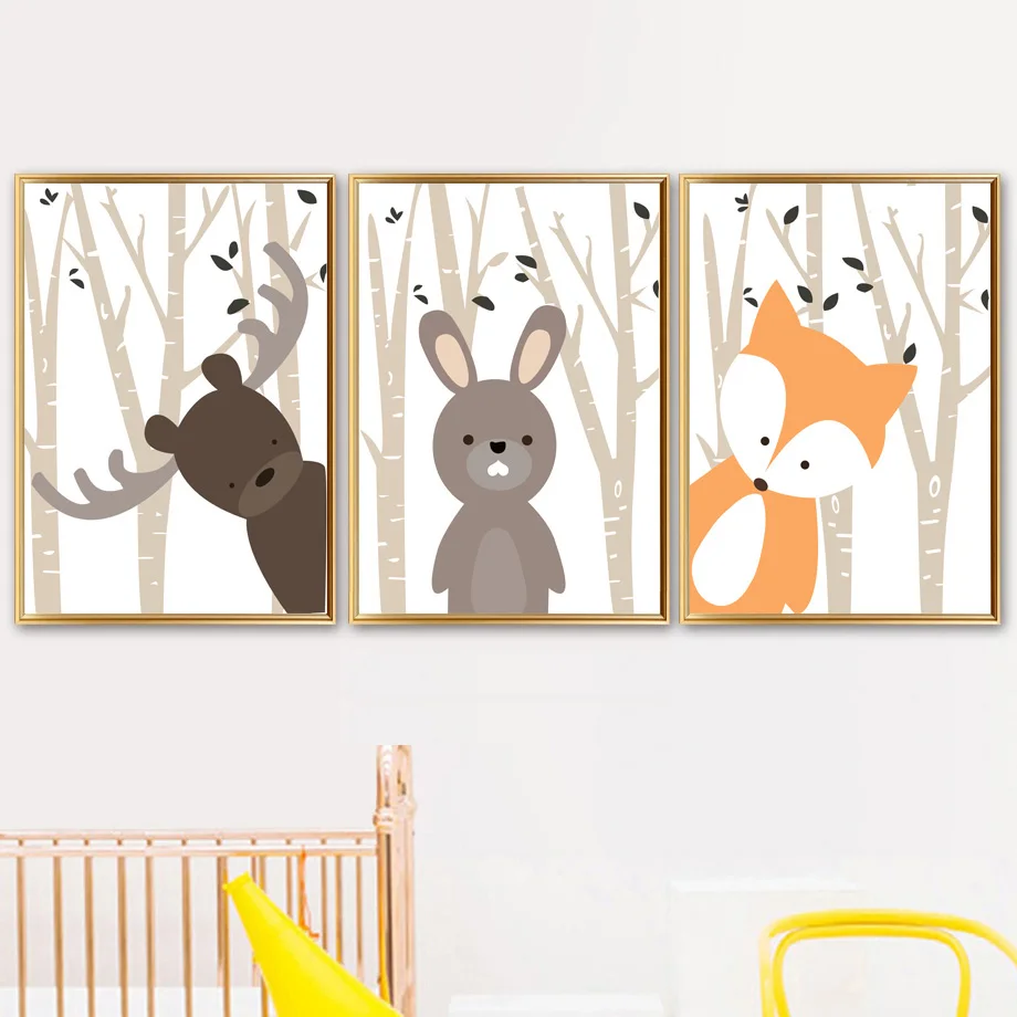 

Children's Room Decoration Painting Cartoon Animal Canvas Painting Elk Rabbit Fox In The Forest Living Room Decoration Wall