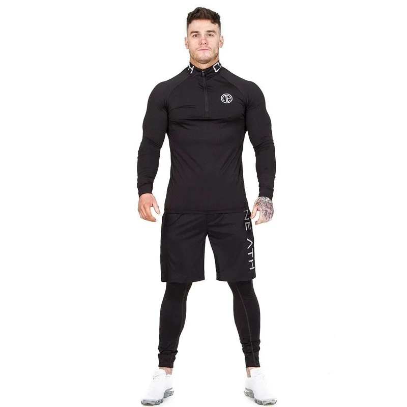 

New muscle men's sports suit men's fitness suit two piece trousers long sleeve suit elastic