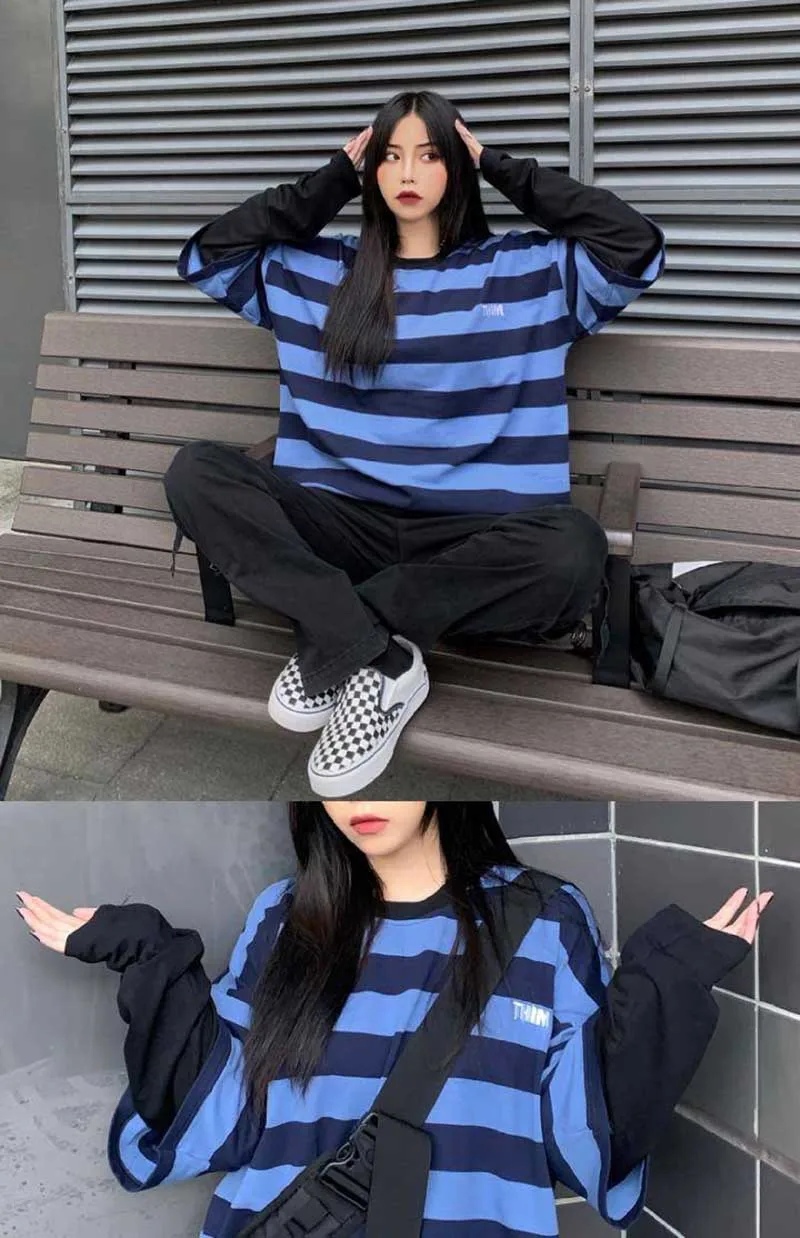 Топы женские Harajuku bf wind street horror comics цвет поддельные две женские парные модели черный серый джемпер футболка в полоску tshir