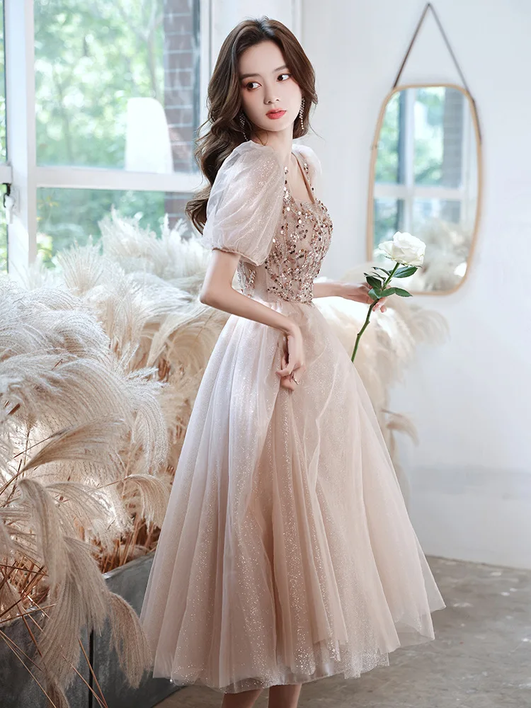 Classic Women Prom Dress Puff Sleeve Beading Sequins Tulle Princess Gowns Female Slim A-Line Banquet Dresses | Свадьбы и торжества