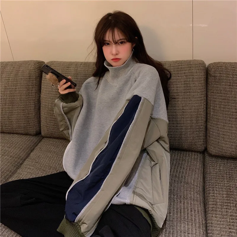 

Long Sleeve Hoodies 2020 Autumn Winter New Jumper Turtleneck Pullover Sweatshirt Korean Contrast Color Patchwork