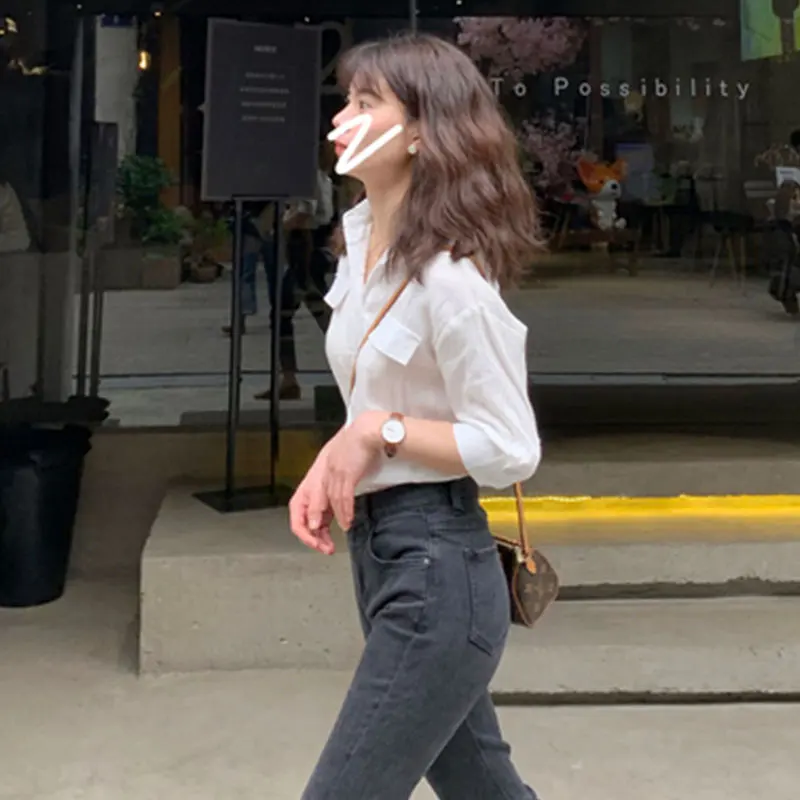 

Осень белая блузка для женщин Рами Детские рубашки с длинными рукавами и отложным воротником рубашка дышащий карман 2020 каждый день или для ...