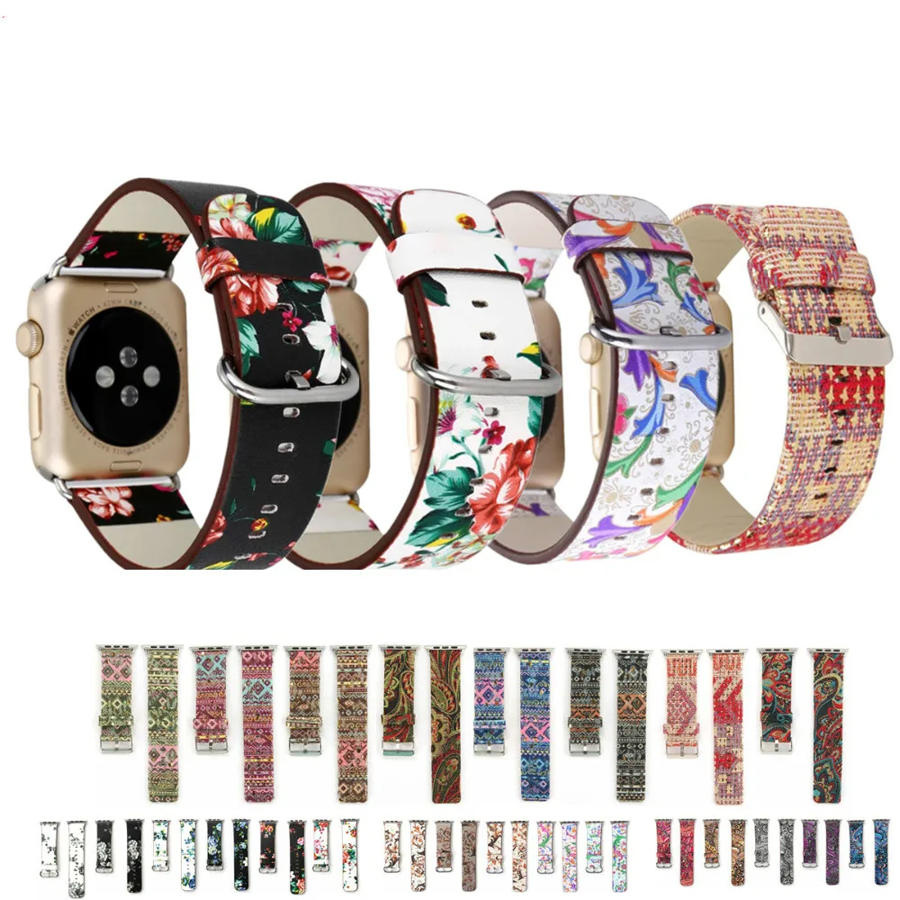 Кожаный ремешок для часов Apple Watch 44 мм 40 Iwatch 38 42 с цветочным принтом 5 4 3 мм|Ремешки