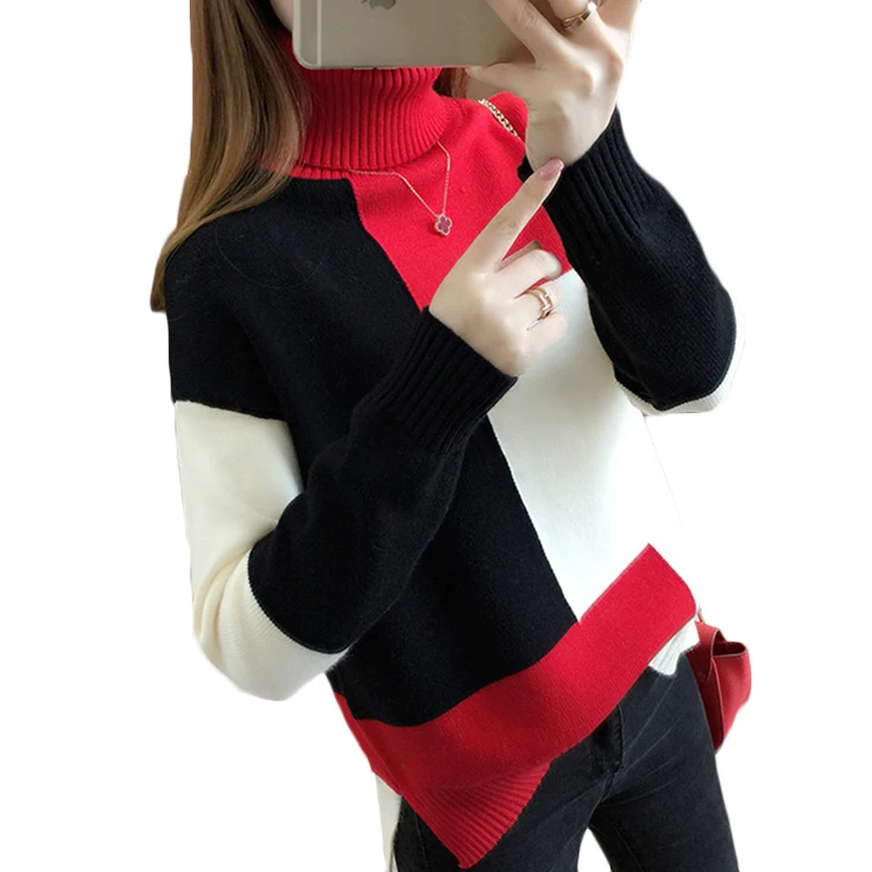 

Korean New High Collar Women Long-sleeve Contrast Color Warm Sweaters Autumn Winter Sweater Womens Pullover Bottom Sweaters