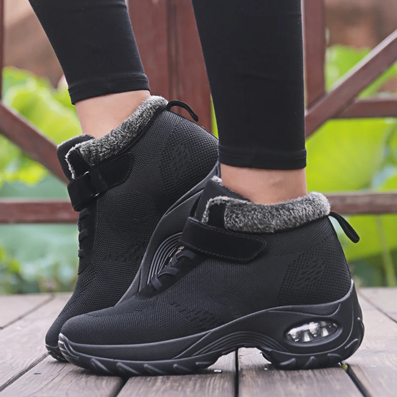 Зимние меховые сапоги женская обувь теплая резиновая до щиколотки на танкетке