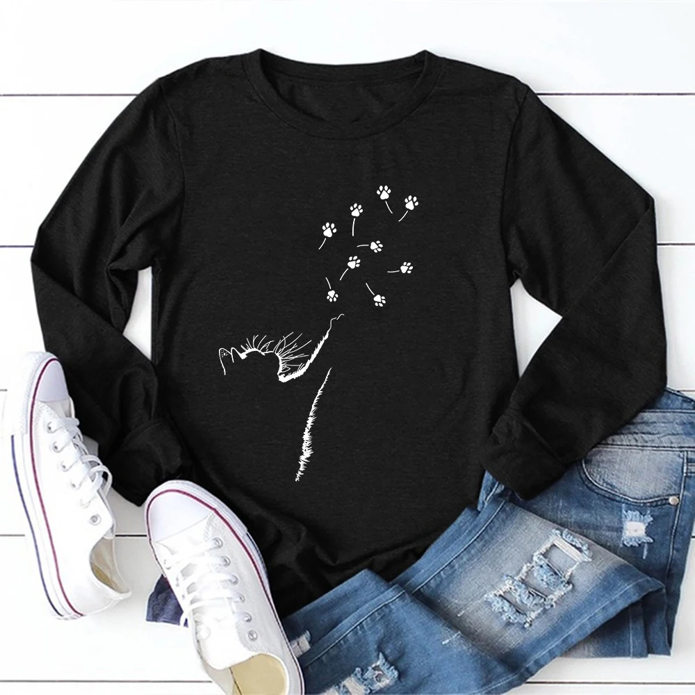 

Футболка женская летняя с длинным рукавом, круглым вырезом и принтом одуванчика