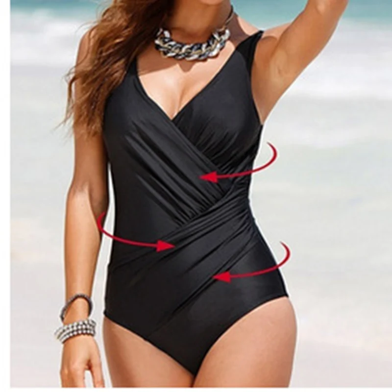 Сплошной большой размер Цельный купальник плюс женский 2020 глубокий v образный