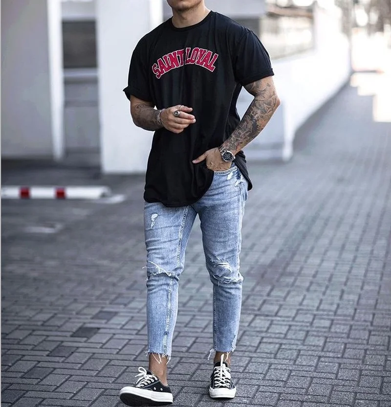

Men's Jeans New Hole Fashion Men's Pencil Pants Ankle-Length Pants Solid Color Jeans for Men Casual Plus Size Men Clothing