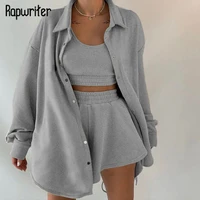 casual women sets solid basic suits single breasted coat and sleeveless tank top and harajuku loose shorts trendy sweatwear