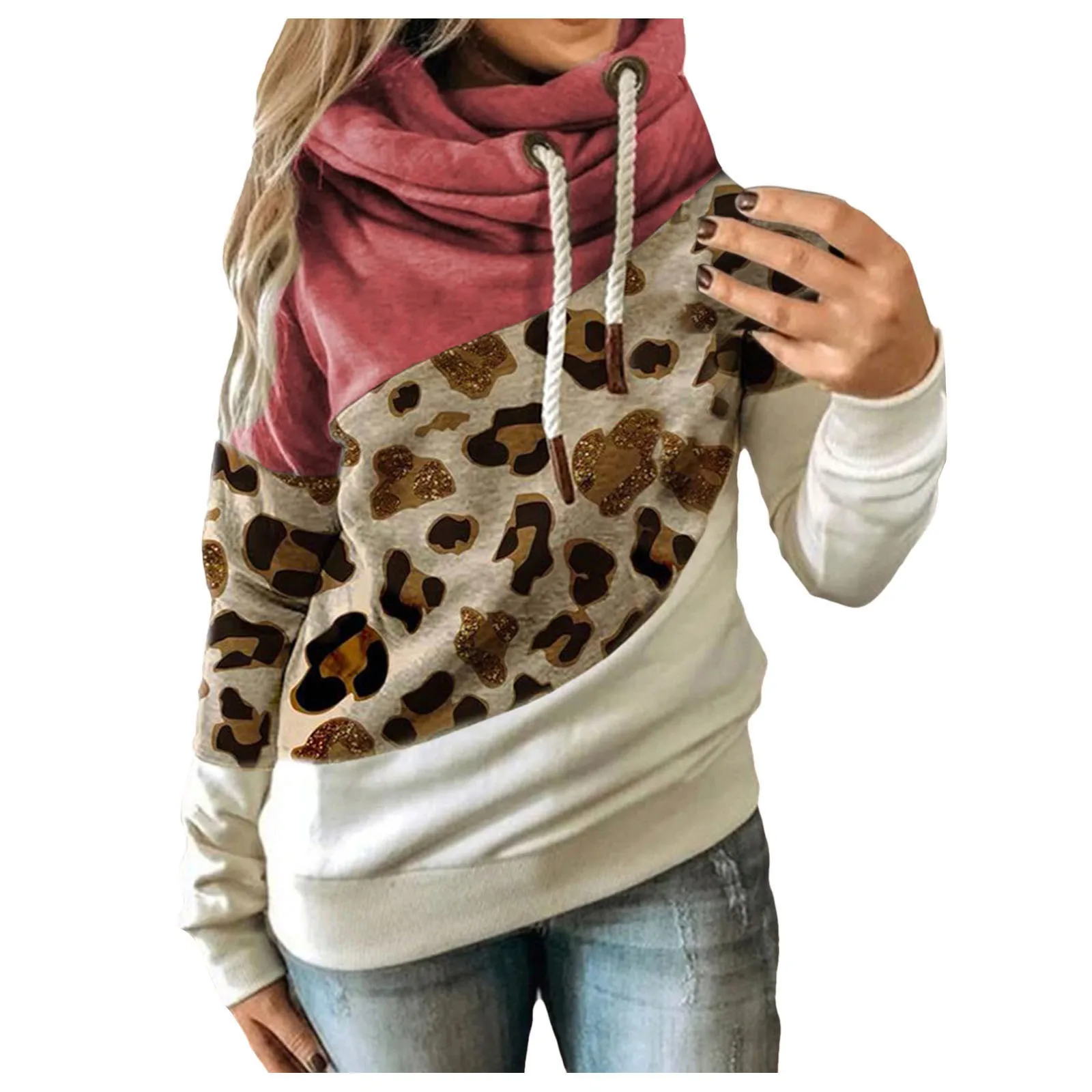 

5XL Leopard Patchwork Hoodies Sweatshirt Women 2021 Autumn Winter Long Sleeve Hoodie tops Female Drawstring Pullovers