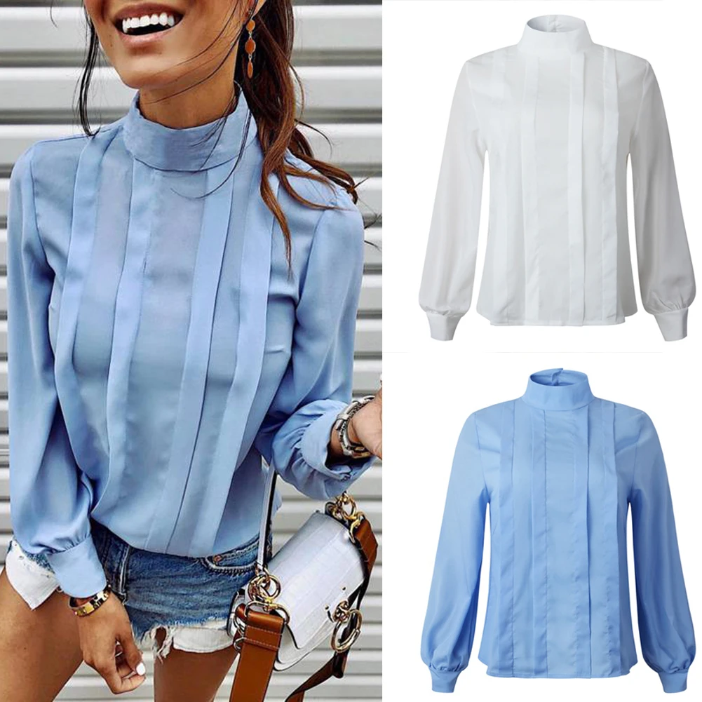 

Women Wrinkled Blouse Solid Long Sleeve Turtleneck Women Shirt Female Streetwear Loose Tops