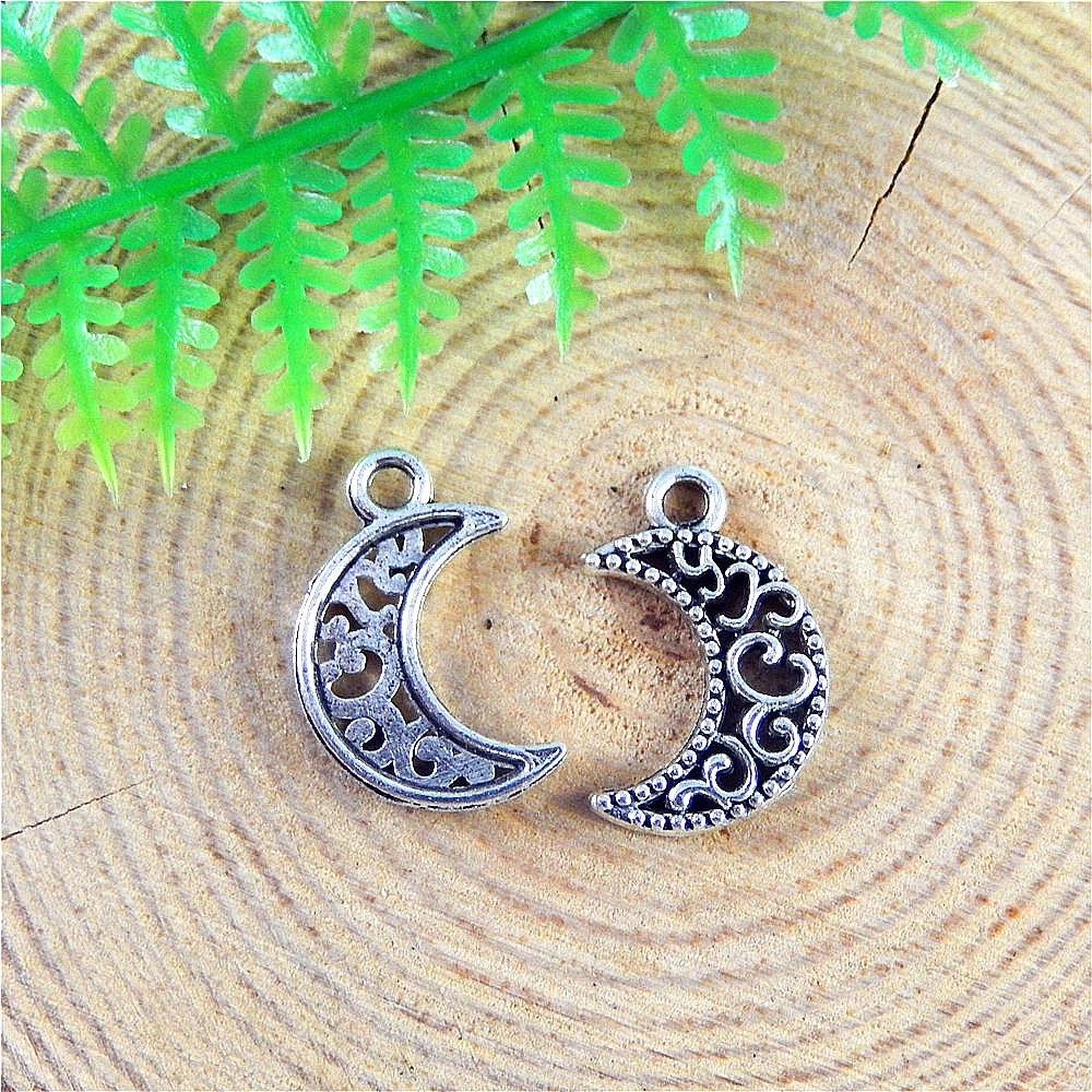 

Julie Wang 50 PCS Retro Silver Alloy Floral Moon Charms Hollow Crescent Pendant Bracelet Earrings Dangle Jewerly Making 17*11mm