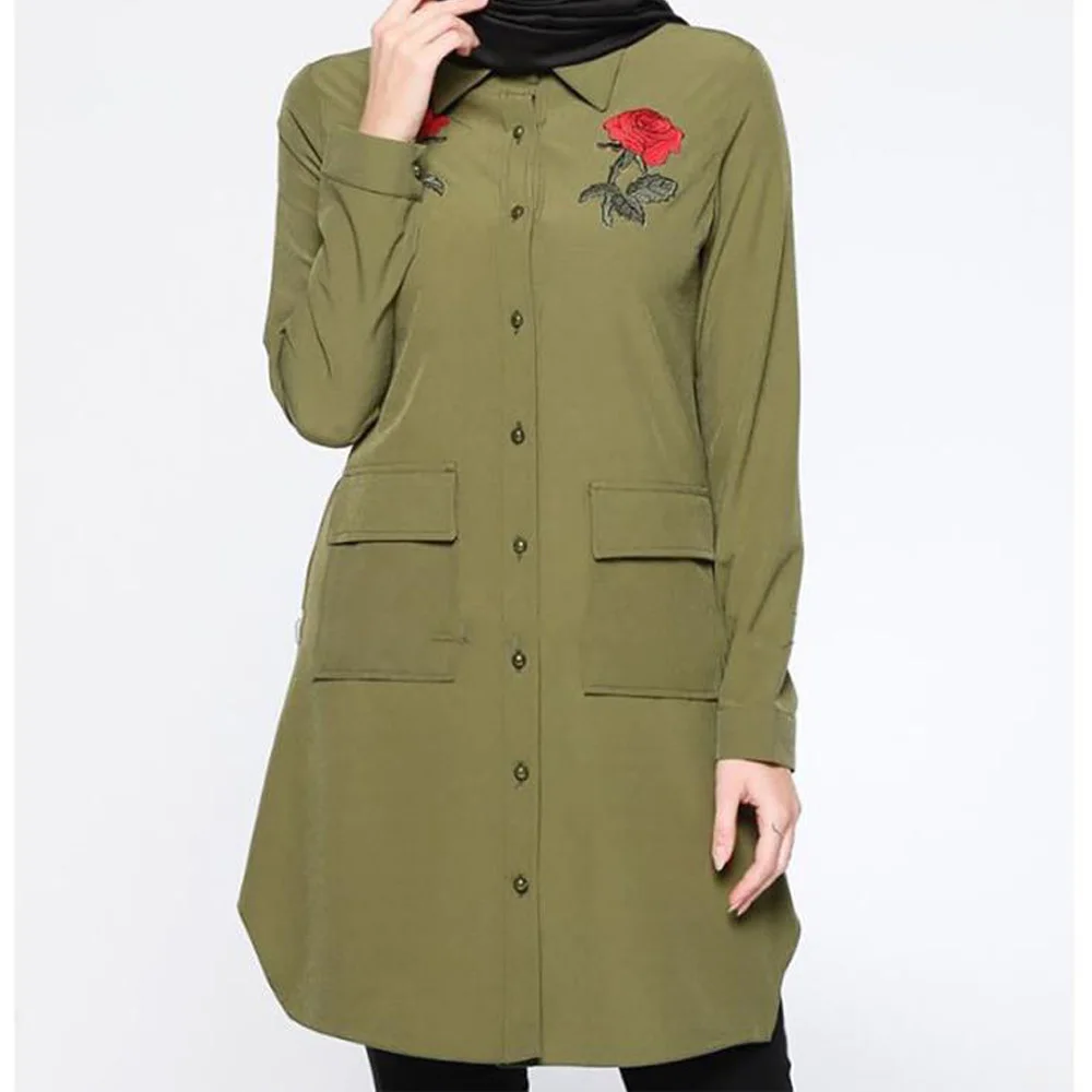 Мусульманская блузка женские Топы с длинным рукавом цветочным принтом свободная