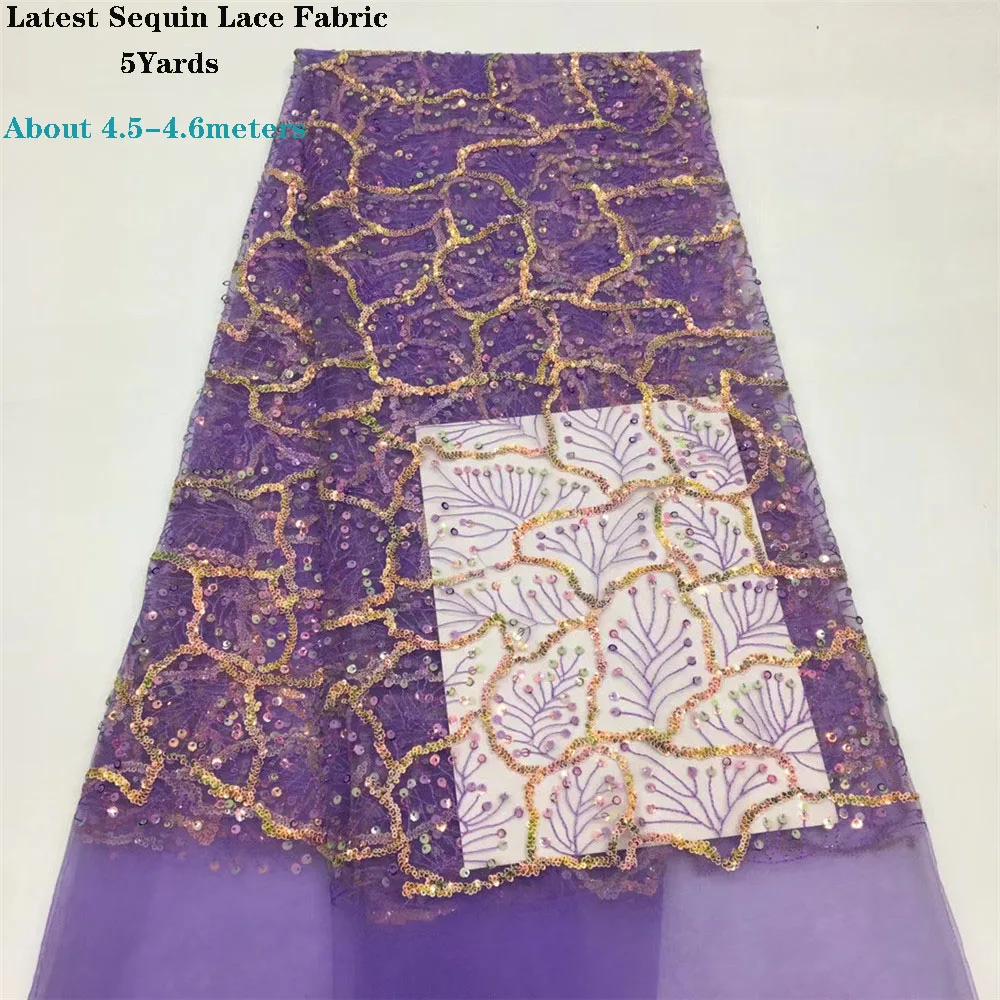 Nigerian Lace Fabric 2021 Latest High Quality Purple Sequins Lace Fabric Embroidered Tulle African Sequins Lace Fabric