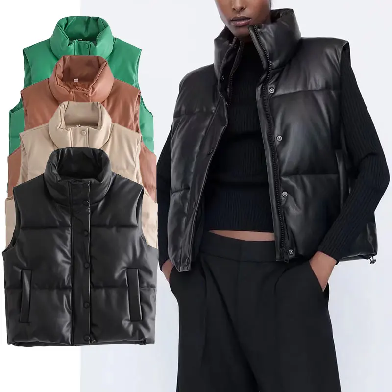

Za Women 2022 PU Faux Leather Vest Coat Women Sleeveless Turtleneck Thick Warm Cotton Streetwear Spring Winter Casual Chic Coat