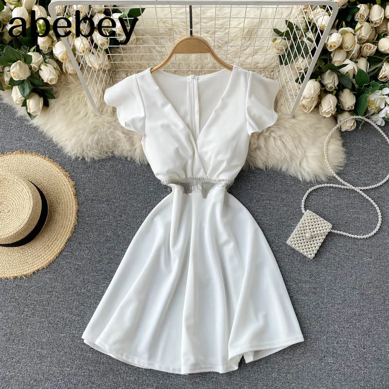 

Women Sexy Dress Korean Deep V Neck Solid A-line Dress 2021 Summer Fashion Streetwear Short Dress