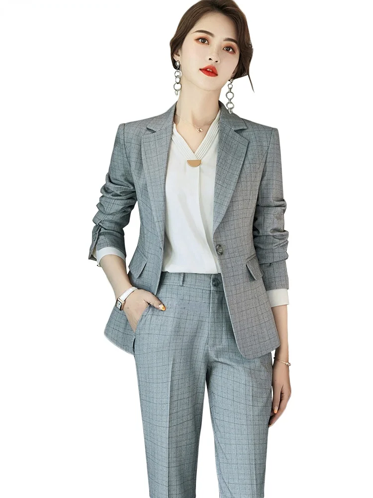 

2021 hiqh quality fashion pant suits for work business women office lady one button plaid jackets pants slim fit 2 piece set