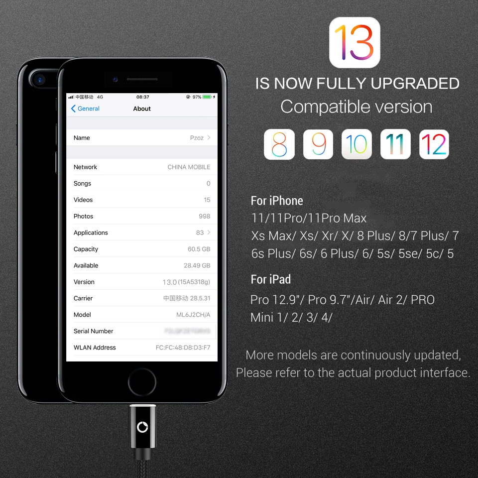 PZOZ кабель для iphone, зарядное устройство usb, быстрая зарядка для iphone x 8 6s 7 plus, светодиодный светильник, шнур для мобильного телефона, usb-кабель для передачи данных
