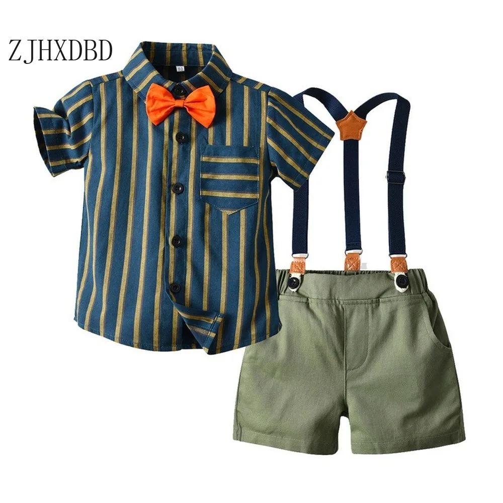 

2020 Plaid Blouses Shorts Pants 2 Pieces Sets Suits Hot Sale Summer Boy Retro Striped Wedding Shirt Strap Short Set Baby Costume