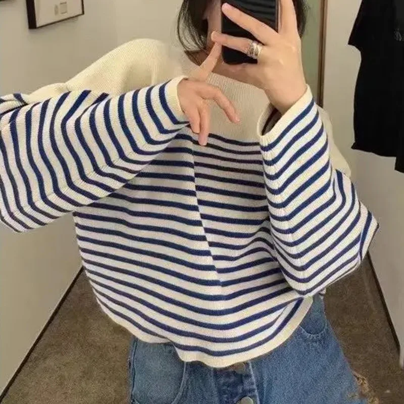 

Женский зимний свитер с круглым вырезом, женские повседневные пуловеры в Корейском стиле в полоску, теплые мягкие свободные топы с длинным ...