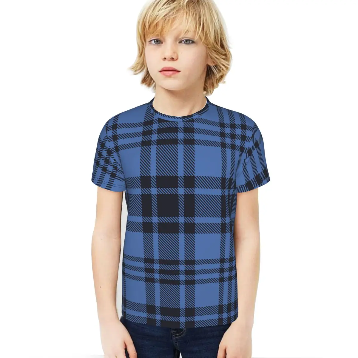 

T Shirts Tees Short Sleeve Tshirts Workout For Kids Boys Teen Blue And Black Classic Plaid Pattern