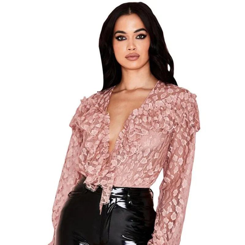 

Женский комбинезон с рюшами, прозрачный розовый комбинезон с глубоким V-образным вырезом и длинными рукавами, сетчатый кружевной комбинезо...