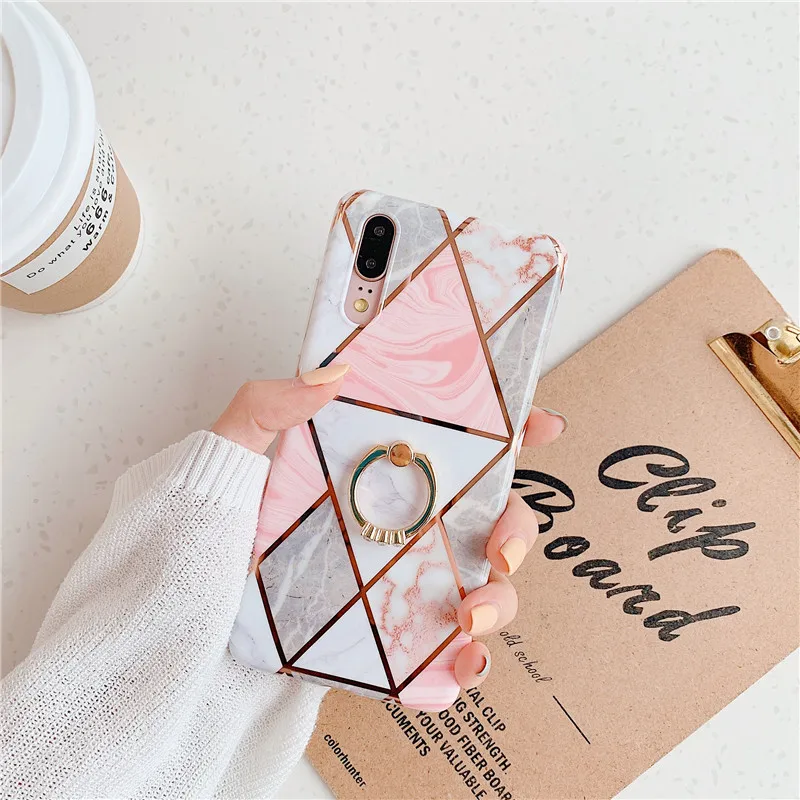 Lovebay New Phone Case For Huawei P30 P20 Pro Lite Mate 20 Soft IMD With Finger Ring Holder Geometric Marble Back Cover |