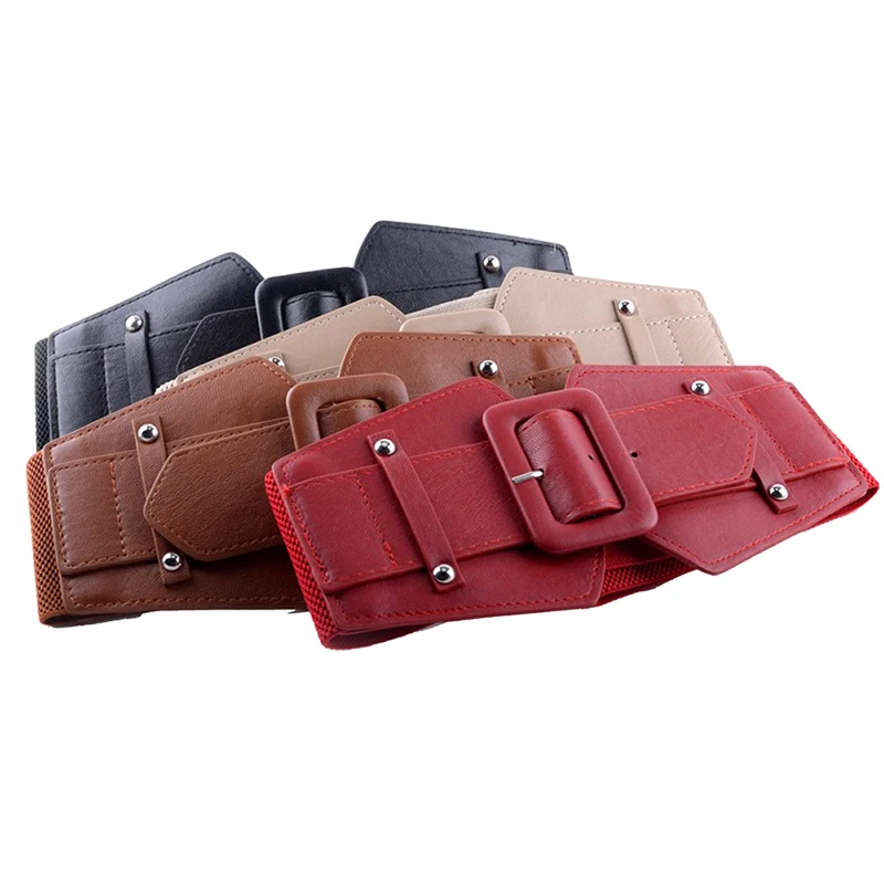 Винтажный простой женский широкий пояс модный однотонный эластичный из ПУ кожи с