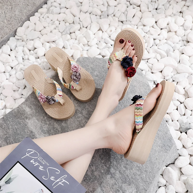 Женские летние тапочки на танкетке модные сандалии из пеньковой веревки с