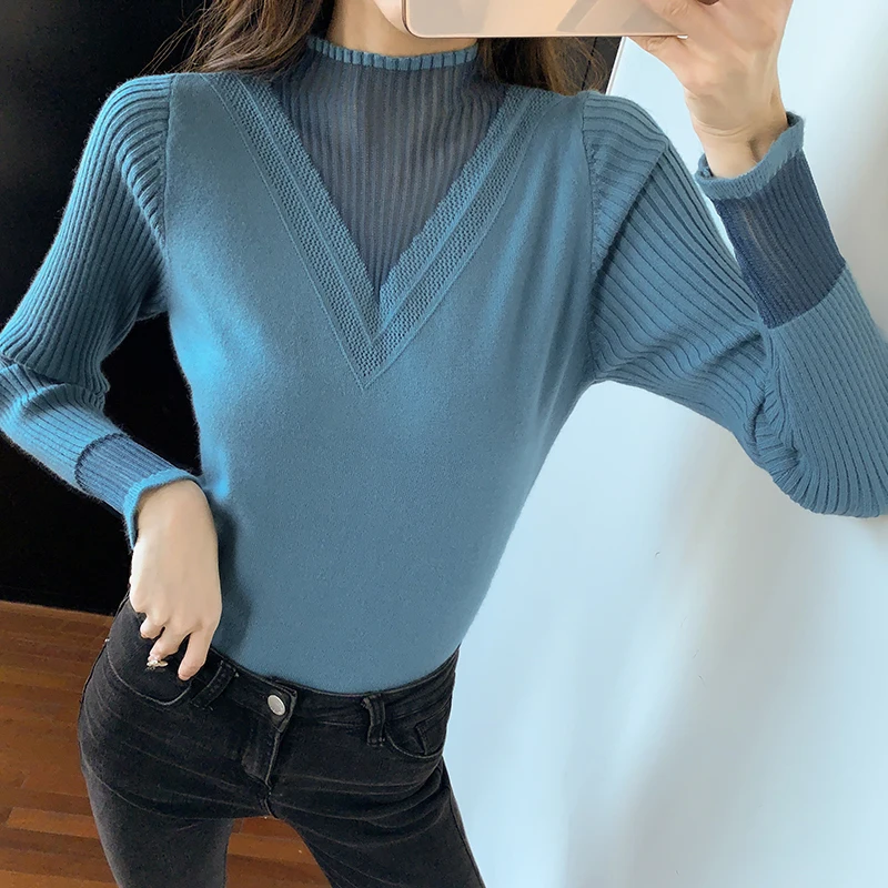 

HKCP Fashion Woman Sweater Bottoming Office Lady Casual Solid Half Turtleneck Lace Long Sleeve Knitted Pullovers Winter 2020 New