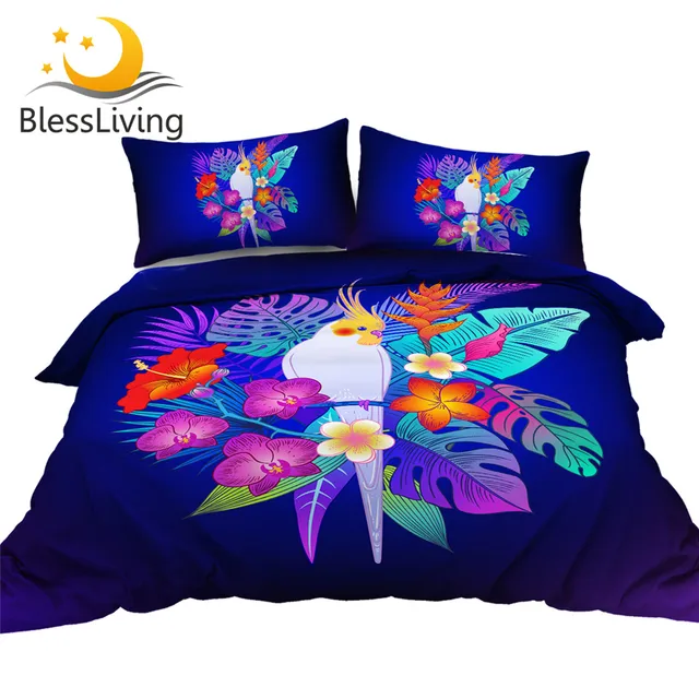 BlessLiving Parrot Bird Bedding Set Tropical Jungle Plant Quilt Cover Leaf Floral Bed Cover Set Purple Beautiful Bedspreads 3pcs 1