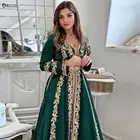Caftan Robe Marocain темно-зеленое официальное платье для выпускного вечера с длинными рукавами золотая вышивка ТРАПЕЦИЕВИДНОЕ атласное арабское мусульманское вечернее платье Дубая