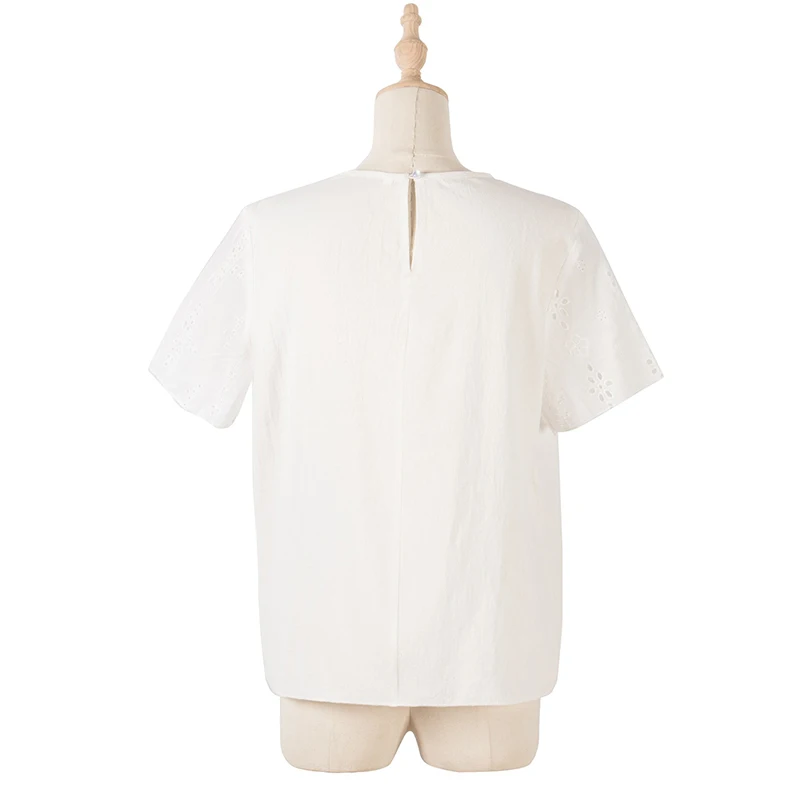 

Hollow Out O-neck Women's 100% Cotton T-shirt Hook Flowers Solid Short Sleeve Female Tops 2021 Summer Casual Lady White T-shirt
