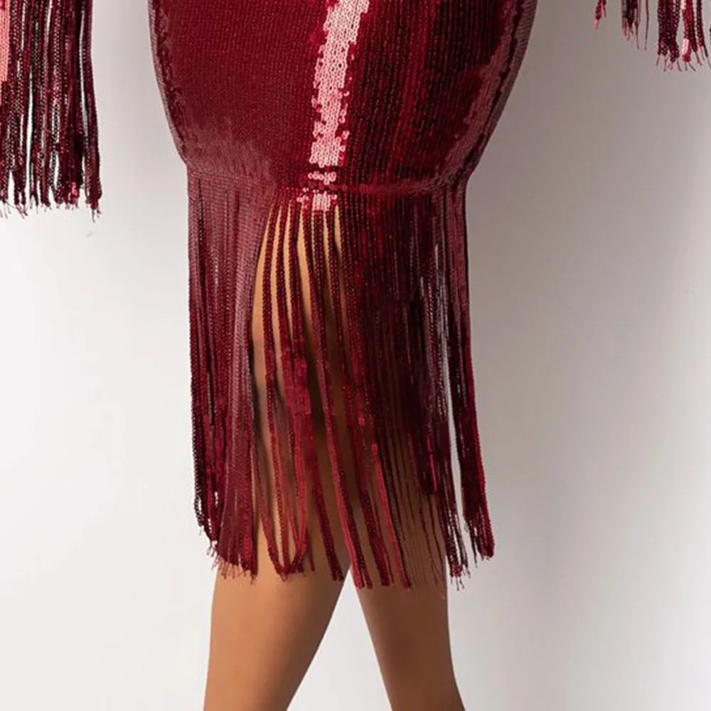 

Sexy Women Sequins Night Club Dress African Ladies Tassel V Neck Long Sleeve Shinny Female Wedding Party Formal Cocktail Dress