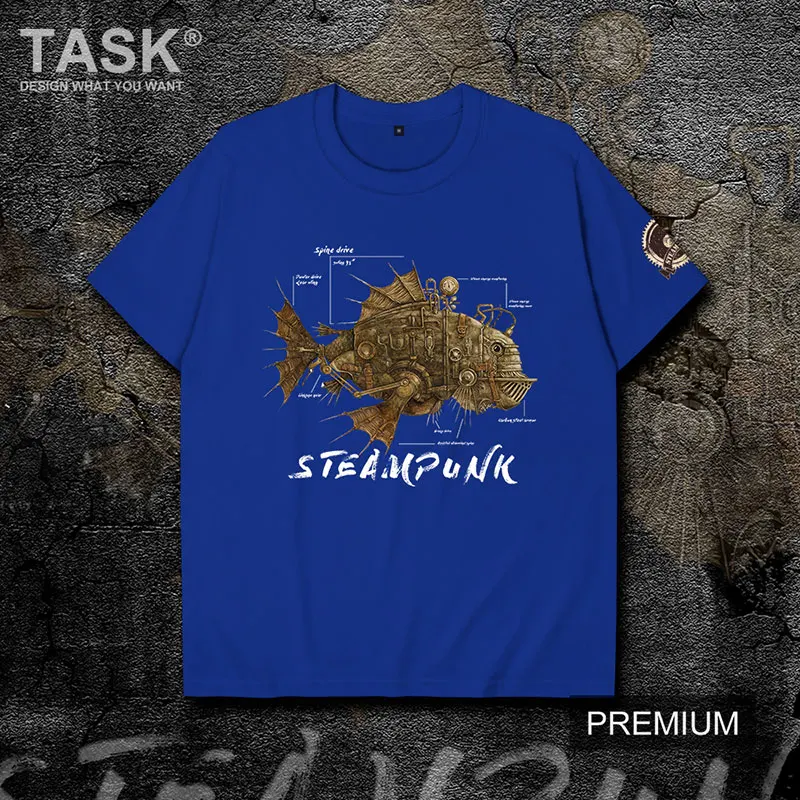 Футболка в стиле стимпанк с изображением механической летящей рыбы хлопковая