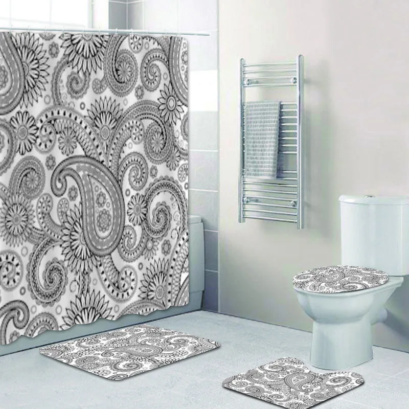 Традиционная черно-белая Цветочная занавеска для душа с пейсли-рисунком