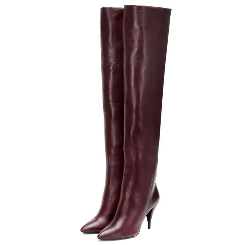 Pleated Knee Boots Women Slip On Thin High Heels Shoe Pointed Toe Ladies Slouchy High Boot Fashion Shoe Retro Sexy Large Size 45