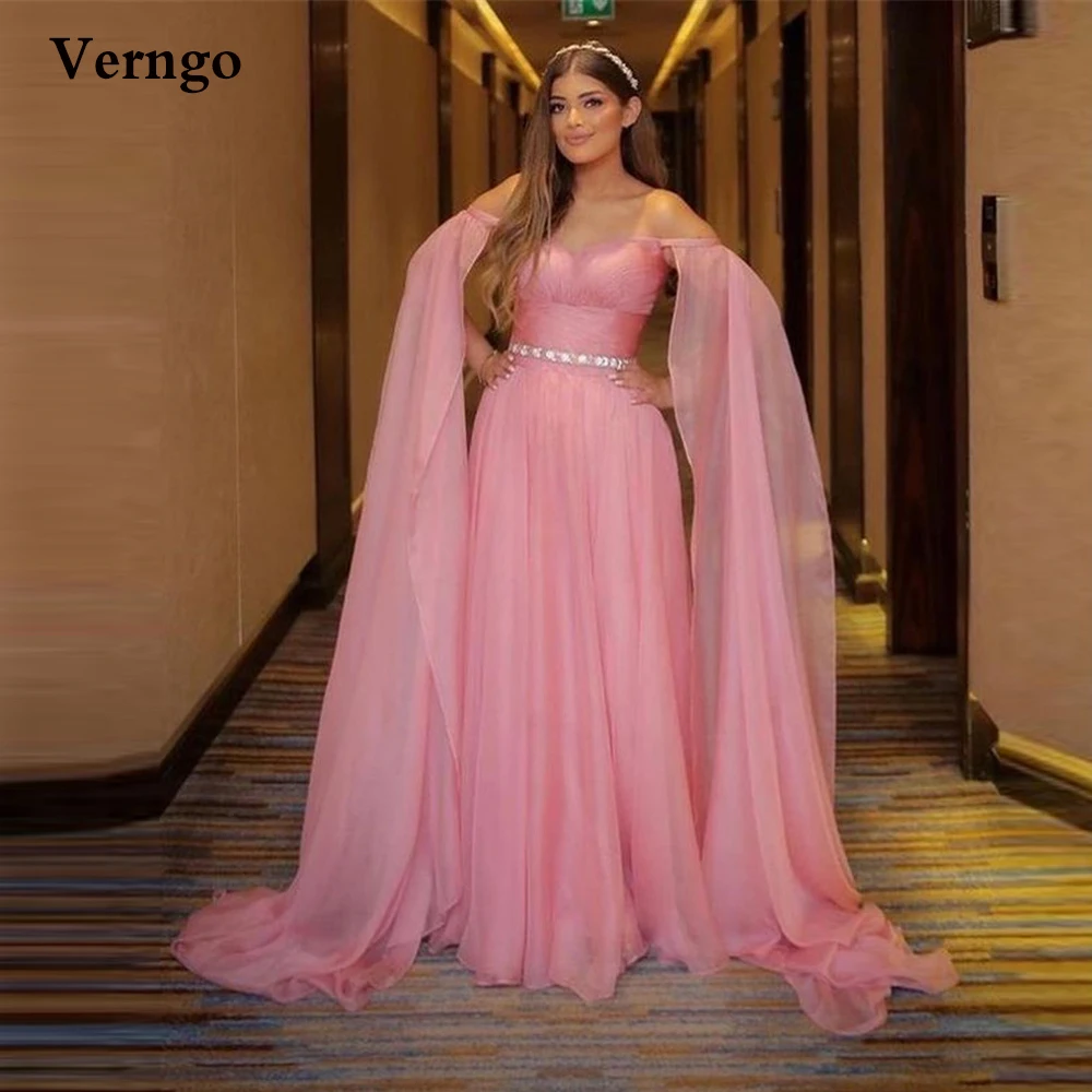 

Verngo Blush Pink Silk Chiffon Prom Dresses Off the Shoulder Long Cape Sweetheart Pleats Elegant Evening Gowns Crystal Sash