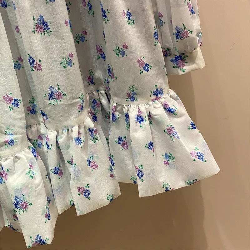 

2021 Spring New Sailor Collar Gold Thread Puff Long Sleeve All-Match Dress for Women Loose Floral A Line Dress