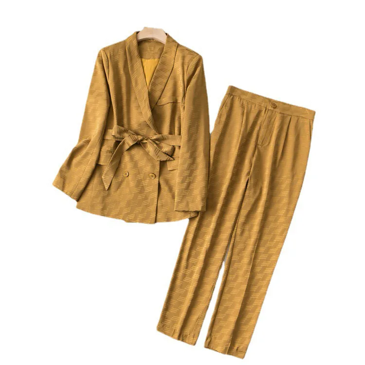 

2021 pants suit long sleeve loose cuff neckline solid color yellow temperament commuter white collar tie small suit women's wear