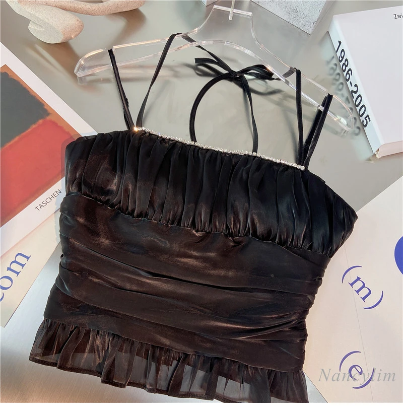 2021 Summer New Korean Style Pleated Design Camisole Sexy Wooden Ear Short Strap Halter Top