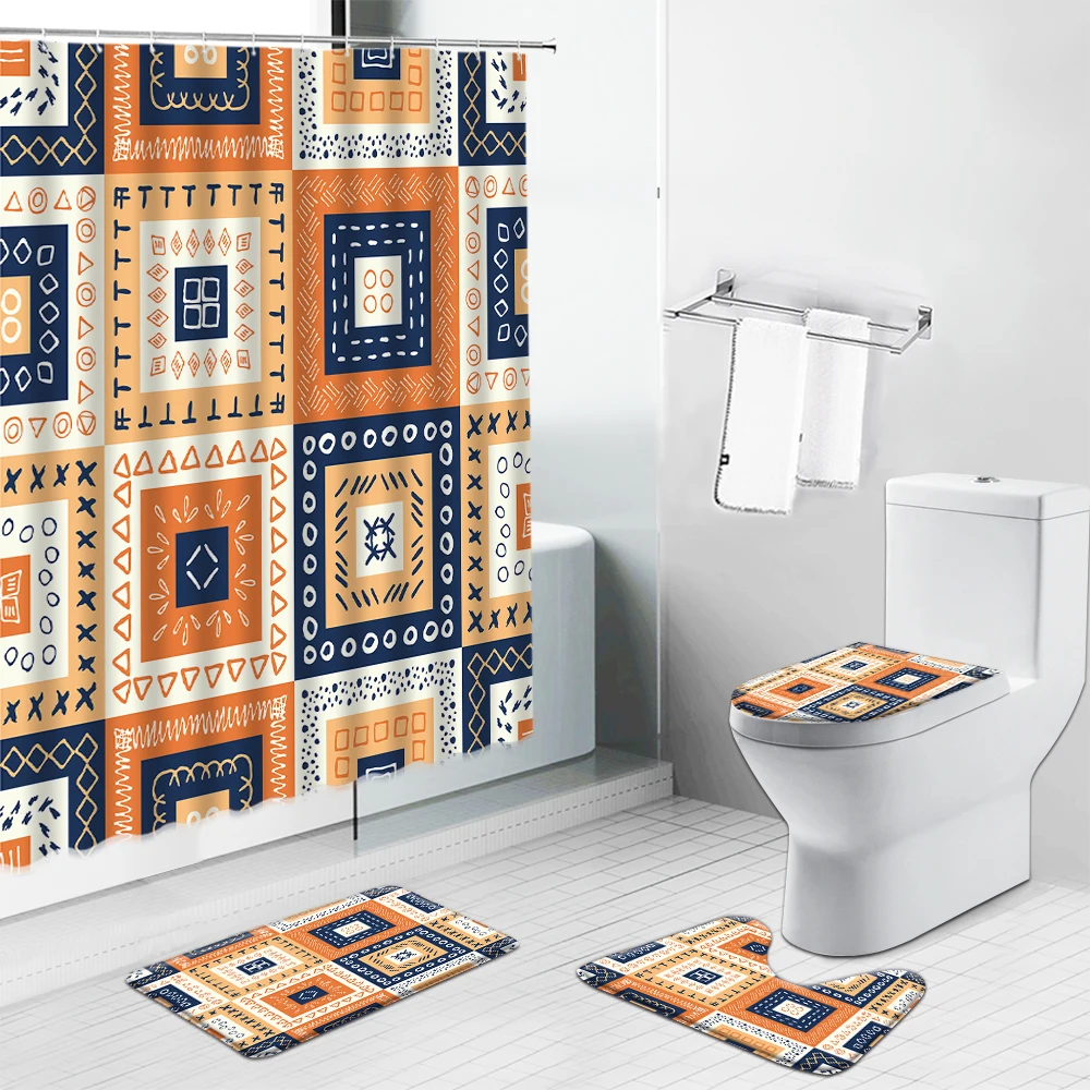 Оранжевый занавеска для душа с геометрическим рисунком в богемном и индийском