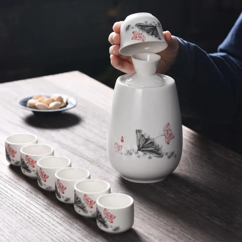 

Hip Flask Wine Set Ceramic White Wine Glass Chinese Style Hip Flask Set Handmade Antique Botella Licor Kitchen Dining Bar EB5JH