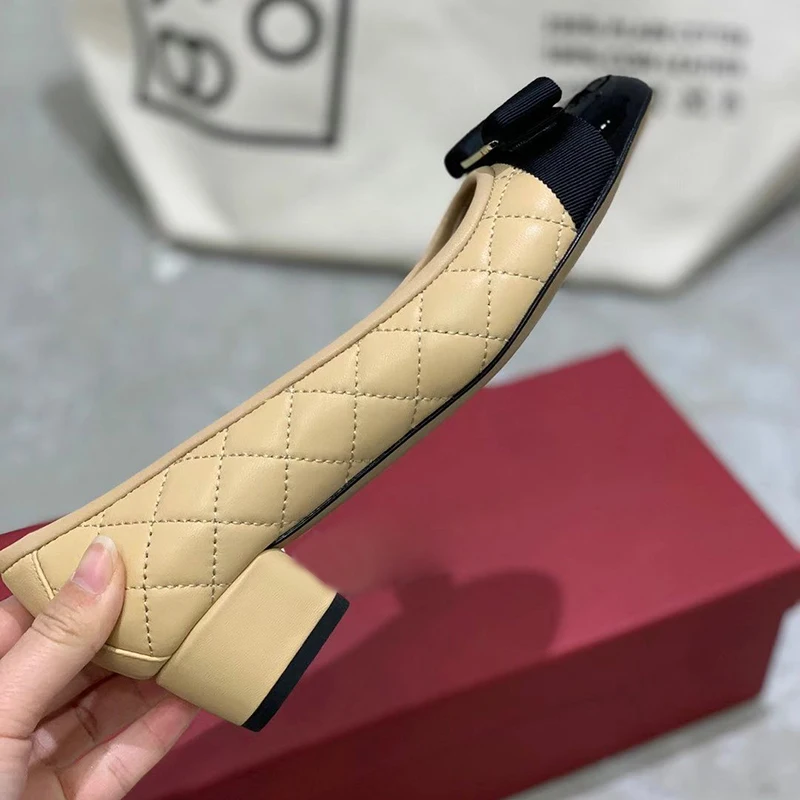 

2021 top quality women Lambskin rhomboid embroidery color patchwork women's shoes with shallow bow heels 3.5cm