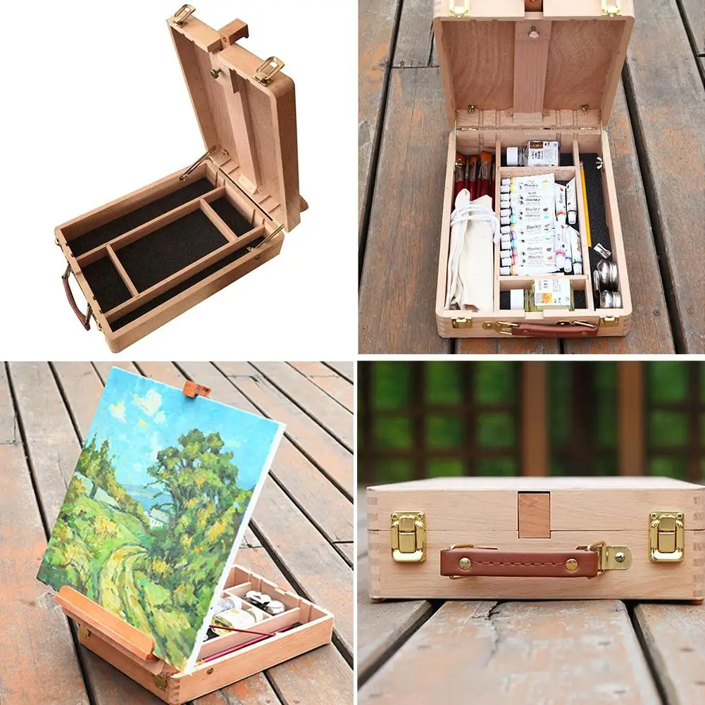 

Portable Beech Sketch Storage Box with Easel Multifunctional Easel Portable Place Art Drawing Painting Round Paint Accessories