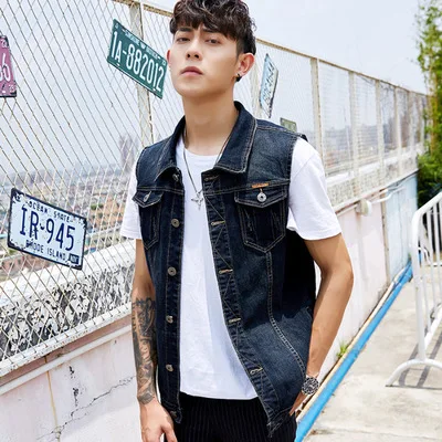 Мужская джинсовая безрукавка в ковбойском стиле черная повседневная Короткая