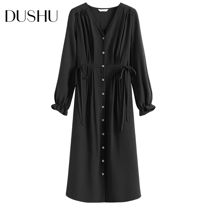 

DUSHU V neck flare sleeve long chiffon dress Women bandage slim purpel elegant dress Plus size female autumn office dress 2020