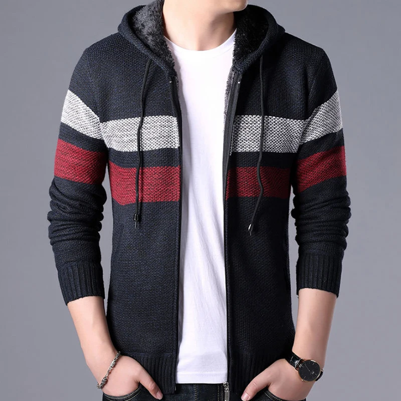 Мужской утепленный бархатный свитер на молнии с шапкой Осень-зима мужской модный