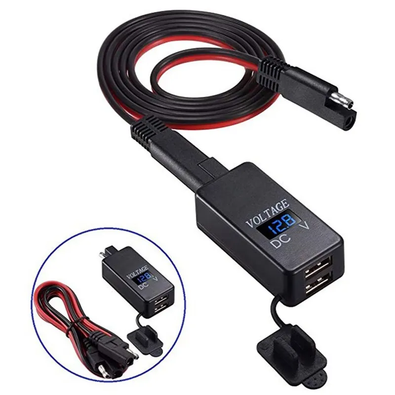 

12V Motorcycle SAE to USB Charger Waterproof Dual Port Adapter With Voltmeter Quick Disconnect Plug For Mobile Phone GPS