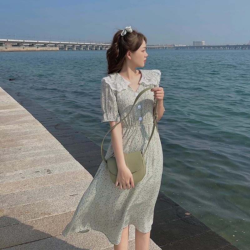 

COIGARSAM Floral Print Women Long dress Chiffon Peter pan Collar High Waist Dresses 7645